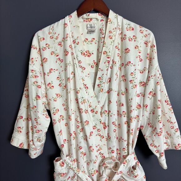 Vintage 90's Cacique 100% Cotton White Rose Floral Belted Tie Robe Size M/L - Picture 3 of 15